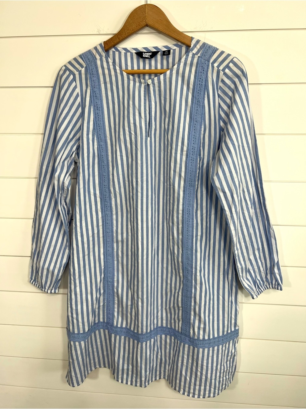 Lands’ End Blue Stripe 100% Cotton Tunic Dress Womens Medium Coastal Cottagecore - Picture 3 of 16